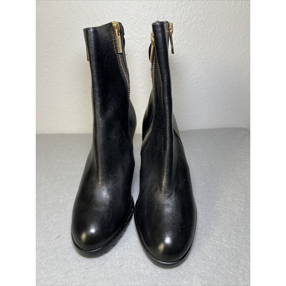Michael Kors Leather Ankle Bootie Wedge Womens 6.5 Black Gold Accents - Picture 3 of 13